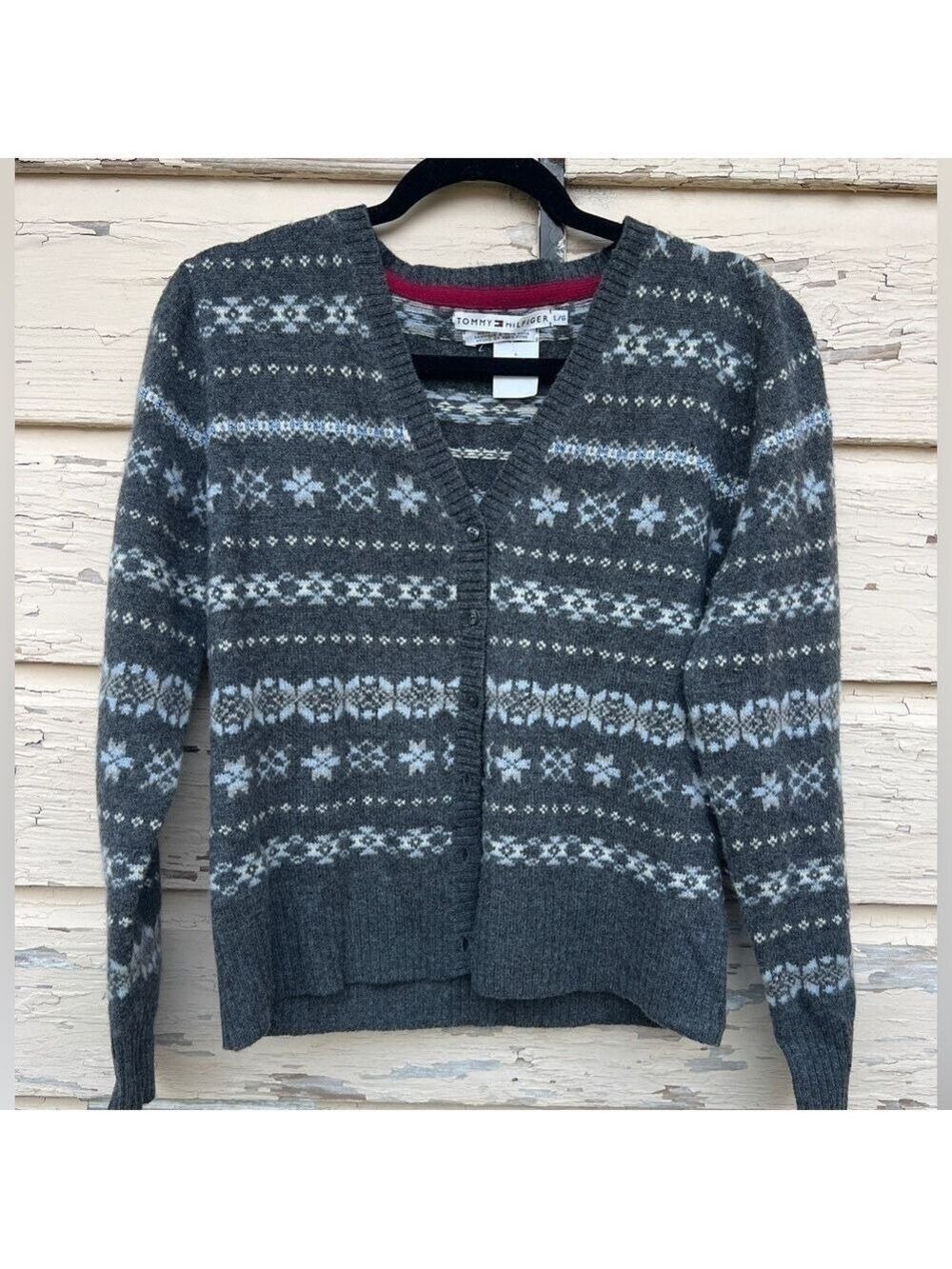 Vintage Y2K Tommy Hilfiger 100% Lambswool Fair Isle Snowflakes Cardigan Sweater